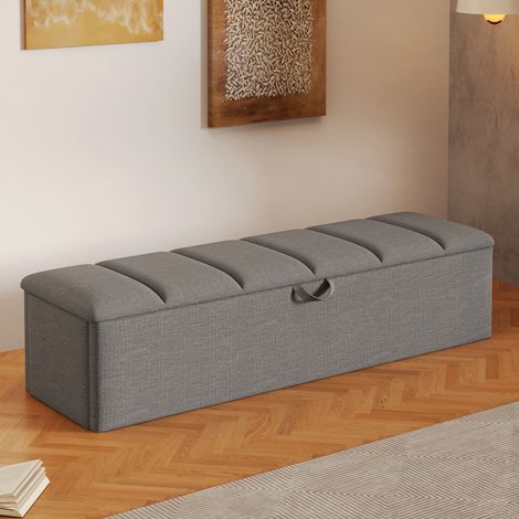 Banc coffre 113 x 32 x 36 cm, rangement intégré, assise mobile, revêtement velours, gris (1/5)