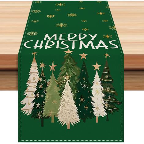 Chemin de table vert, motif arbres et étoiles, Merry Christmas, Noël, décoration de table pour la cuisine d’hiver (1/5)