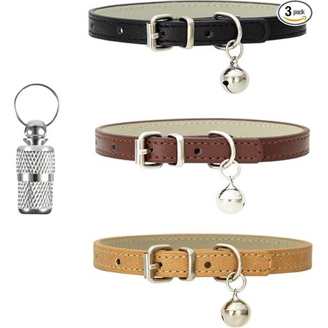 Collares para gatos de 3 piezas: collares de PU con hebillas y cascabeles metálicos