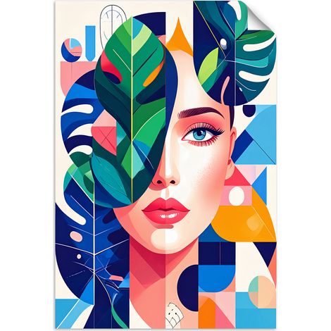 Selbstklebendes Poster – Wandsticker Frau mit Monstera-Blättern im Bauhaus-Stil 20x30 cm (1/3)