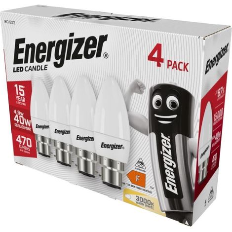 Energizer S14331 LED BC (B22) Opal Candle Non-Dimmable Bulb, Warm White 470 lm 5.2W (Pack 4) ENGS14331