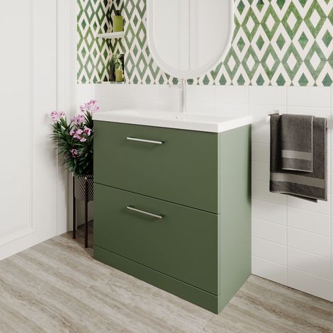 Nuie Arno Satin Green 800mm 2 Drawer Vanity Unit and Minimalist Ceramic Basin - ARN835B (1/5)