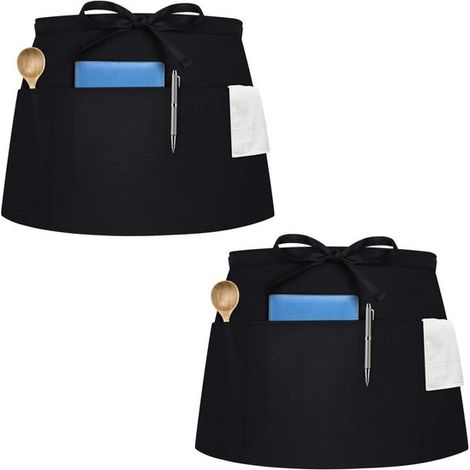 Delantal - Delantal de chef hasta la cintura - Unisex - Con bolsillos - Juego de dos - Negro (1/5)