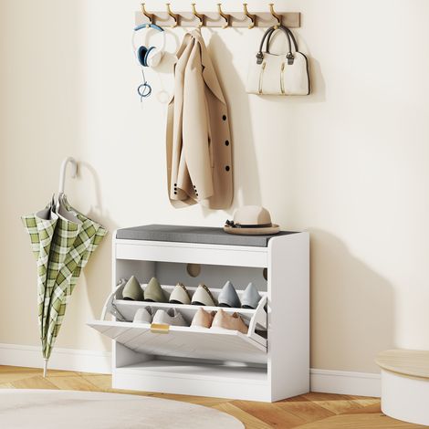 Banc à chaussures, banc de rangement, assise rembourrée, tiroir rabattable, porte avec motif 60 x 26 x 52,5 cm, blanc (1/5)