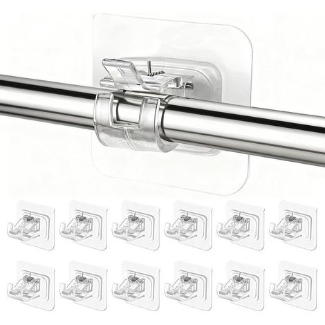 12 Pièces Support Tringle Rideaux sans Percage, Crochet Rideau Adhesifs Transparent avec Accroche Barre Porte pour Porte Serviettes, Salle Bain, Hôtel, Cuisines (1/5)