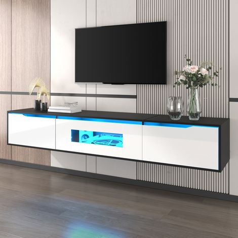 Mueble para TV de pared - 180 x 35 x 30 cm - con iluminación LED y puerto USB - lacado brillante - blanco y negro (1/5)