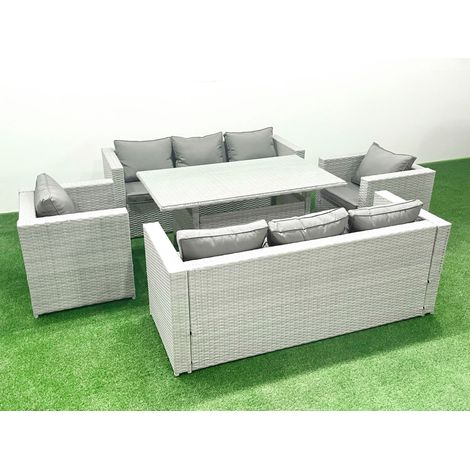 Fimous Rattan Garden Furniture Set Outdoor 8 Seater Patio Dinin g Sofa Sets with Dining Table 2 Chairs Light Grey Mixed (1/5)