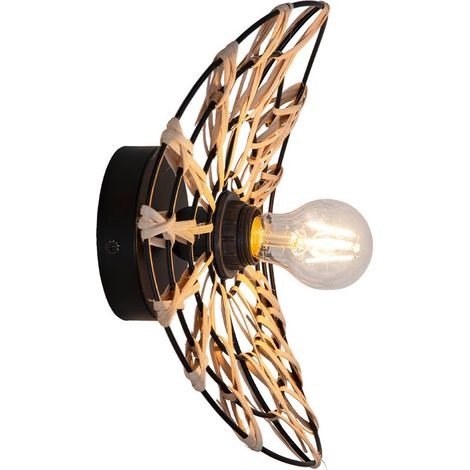 Applique murale ou plafond Flora métal noir rotin naturel compatible LED (1/2)