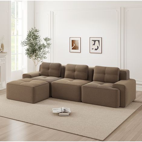 Canapé modulaire 3 places assise 74 cm marron en velours côtelé avec ottoman et sans montage (1/5)