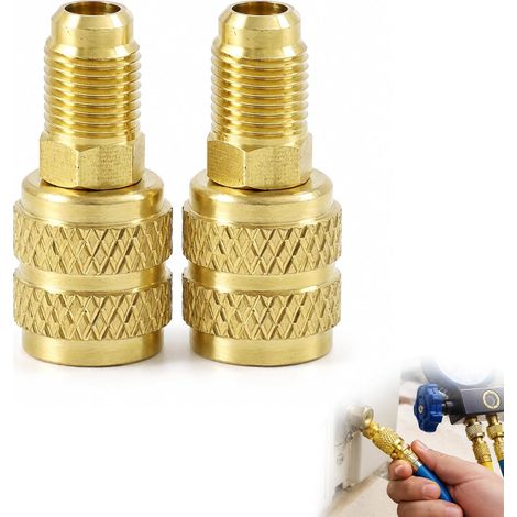 2 pièces Adaptateur Clim R410A R22 R32 Vanne HVAC Raccord Laiton SAE Filetage 1 4 Adaptateur de Bouteille Réfrigérant R32 R1234YF Coupleur Femelle Femelle pour Adaptateur Clim (1/5)