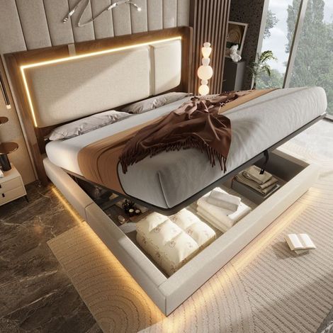 Lit rembourré hydraulique, 140x200cm, lit double, avec sommier à lattes, éclairage LED, lin, beige et noyer, matelas non inclus (1/5)