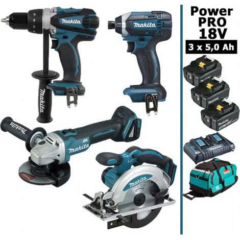 Makita – Pack de 4 outils électroportatifs 18V – Perceuse 91Nm DDF458 – Meuleuse 125mm DGA504 – Visseuse à chocs 165Nm DTD152 – Scie circulaire 165mm DSS610