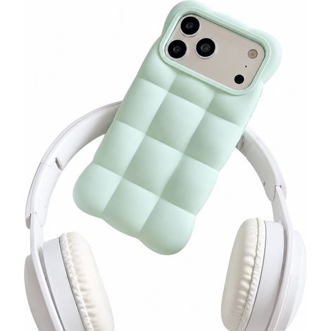 Coque pour iPhone 18 Pro Max, silicone liquide, motif nuages, grille carrée, antichoc, blanche, vert mambo. (1/5)