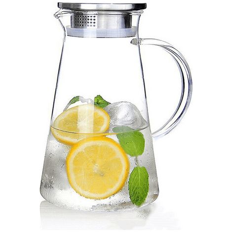 Carafe en verre 2 litres avec couvercle, pichet à eau pour boissons fraîches, lait, vin, jus, glaçons, idéal pour réfrigérateur et table, récipient transparent robuste. (1/5)