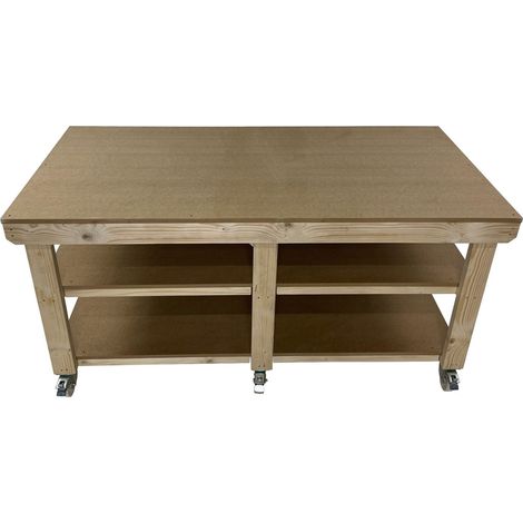 Workbench MDF top, large heavy-duty table (H-90cm, D-120cm, L-240cm) with wheels and double shelf (1/4)