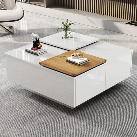 Table Basse Carrée en Blanc Brillant et Bois avec Plateau Coulissant et 4 Tiroirs Cachés - 75x75x33.5cm - Blanc (1/5)