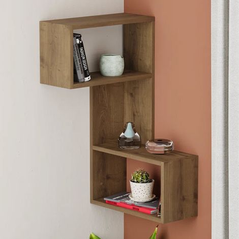 Decortie Part 3-Tier Wall Mural Corner Shelf Modern Organizer Dark Oak Effect 82cm
