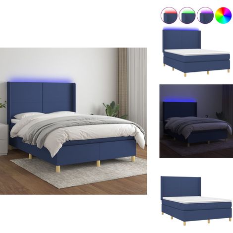 Sommier à lattes de lit matelas et LED Bleu 140x200 cm Tissu - Sommier Tapissier - Lit Avec Led - Matelas À Ressorts Ensachés - Têted Lit Ajustable - Éclairage LED (1/5)