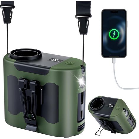Ventilador portátil de cintura de 14800 mAh, 40 h, 5 velocidades, 16 000 RPM, con luz LED, manos libres, para exteriores, obras, granjas, viajes y pesca (verde) (1/5)