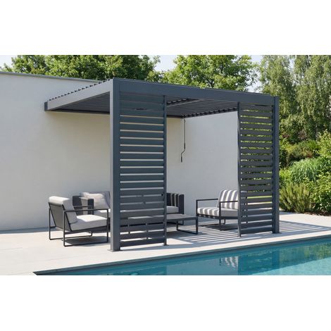 Pergola bioclimatique adossée 3x3m PIANA aluminium gris avec 2 persienne brise-vue