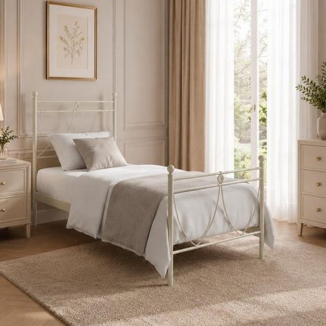 Letto in ferro singolo Melissa con decoro floreale bianco opaco 90x200 cm.