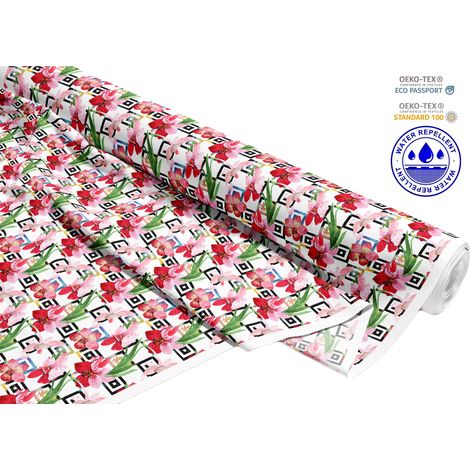 OUTDOOR DEKOSTOFFE OXFORD - Motiv rosa Blumen auf Quadraten I DR209