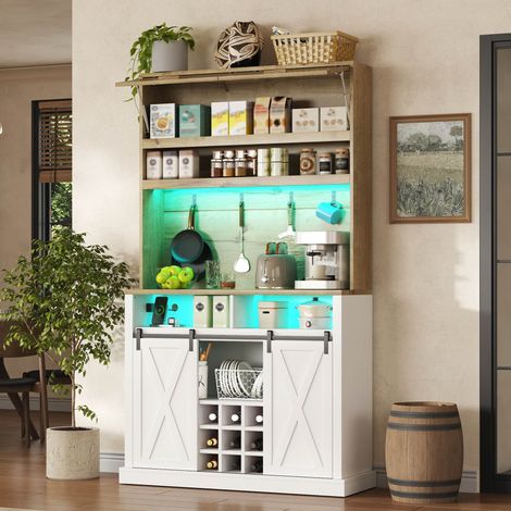 Armoire de Cuisine Haute 191 cm avec Éclairage LED et Prise, Buffet de Rangement avec Vitrine, Casier à Vin et Crochets pour Salle à Manger (1/5)