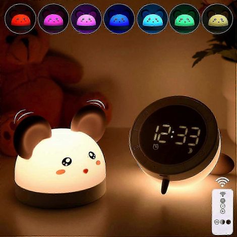 Réveil et veilleuse 3 en 1 pour enfants, lumière LED 7 couleurs, luminosité réglable, alimentation USB, réveil de chevet en silicone, avec télécommande, alarme de 26 secondes. (1/5)