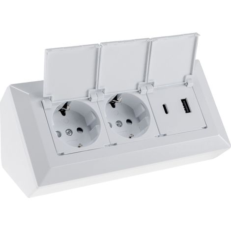 Bloc multiprise CHILITEC 23950, double, avec clapets de protection, USB-A+C, blanc