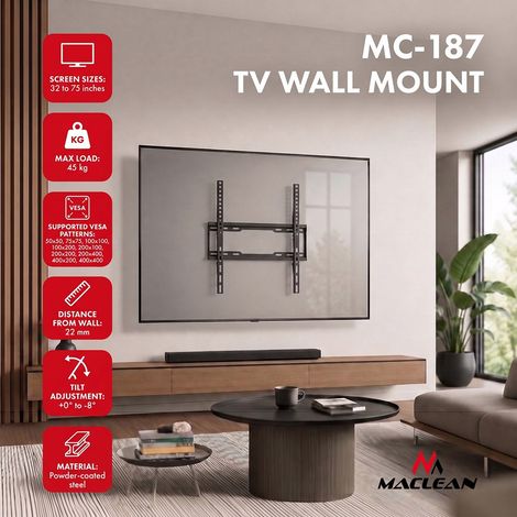 Soporte / colgador para tv maclean, vesa máx. 400x400, 32-75", hasta 45 kg, negro, ajuste de inclinación 0°-8°, mc-187 (1/5)