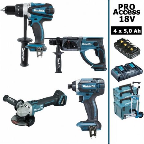 Pack Makita Pro 18V 5Ah: Perceuse DDF458 + Meuleuse DGA504 + Perforateur DHR202 + Visseuse à chocs DTD152 + 4 batt 5Ah (1/5)