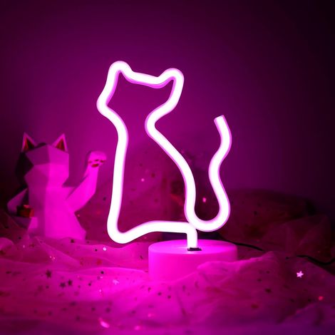 Panneau lumineux néon à LED - Motif chat rose - Avec base - Décoration d'intérieur - Fonctionne avec piles et USB - Pour la décoration de la maison et de fête - Rose (1/5)