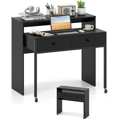 Bureau d'ordinateur extensible avec 2 tiroirs de rangement, bureau convertible pour bureau à domicile - noir (1/5)