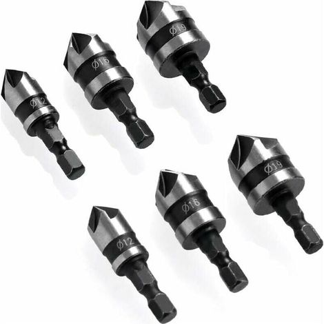 6 Pièces Fraise à Chanfreiner 90 Degrés Hexagonale pour Métal et Bois Ø 6-19 mm (1/4)