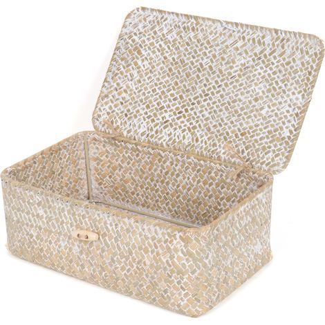 Paniers de rangement rectangulaires en osier avec couvercle, en jonc de mer tissé à la main pour étagères, bureau, maison (blanchi, taille S) (1/5)