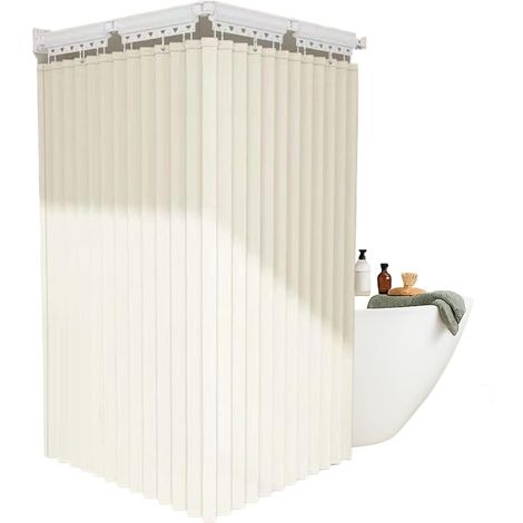 Wall Mounted Bath Screen - Adjustable No-Drill Rail for Bathroom with Aluminum Frame  Polyester Fabric Featuring Pleated Design, Wall Mounted Privacy Screen RV Apartment Hotel White Gray Space Saver