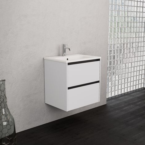 Inda - Badezimmerschrank 2 Schubladen B.60 mit mattiertem Waschbecken / Hochglanzweiß - Smeraldo (1/5)