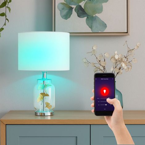 Lampada da tavolo intelligente lampada da tavolo in vetro lampada laterale foglie design paralume tessile bianco, metallo, 1x LED RGB 5W 470Lm bianco caldo-freddo, DxH 25x38 cm (1/5)