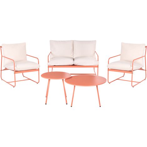 Conjunto de jardín 4 plazas estructura de metal y cojines de tela con fundas extraíbles sofá sillones y mesa de centro coral Formello (1/5)