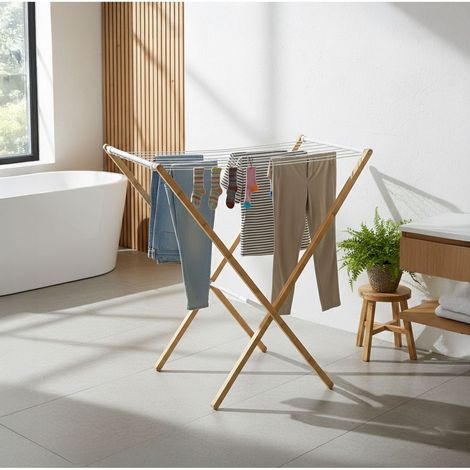 Etendoir a linge pliable en bambou et metal - sechoir gain de place (1/5)