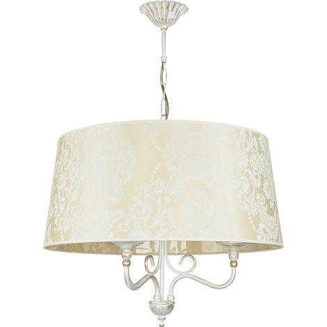 Lampe à suspendre tissu 3x E27 motif baroque classique shabby or écru salle à manger