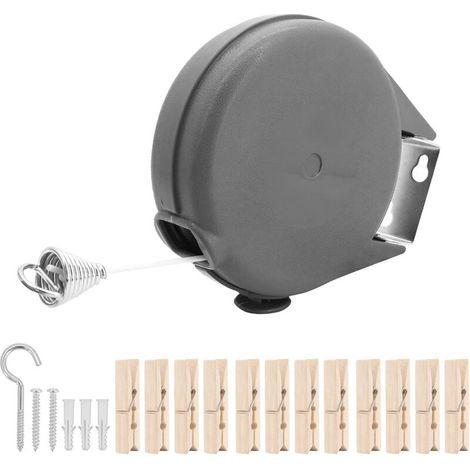 Corde à linge rétractable pour intérieur/extérieur - 12 m de long - Corde à linge portable avec clip en bois - Corde à linge rétractable pour camping (1/5)