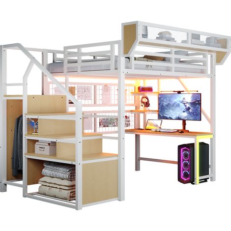 Lit mezzanine en métal 140 × 200 cm, avec bureau, étagère et filet de rangement, complet avec échelle de sécurité, éclairage LED et prise, garde-corps surélevé, blanc (1/5)
