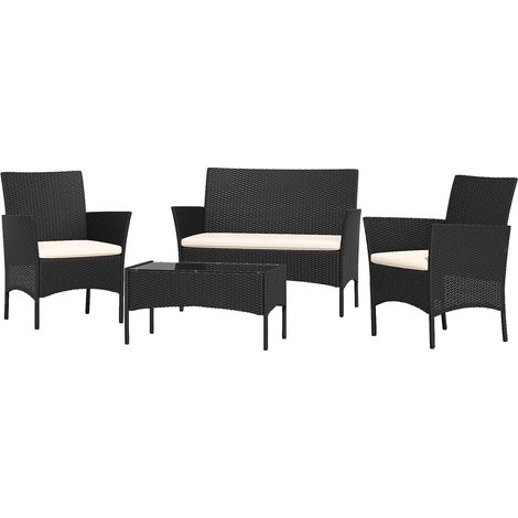 Rattan Garden Furniture 4 Pieces Patio Set with 2 Single Chairs, 1 Double Sofa and 1 Table Black (1/5)