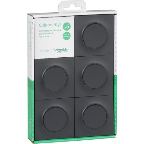 Schneider Electric – Lot de 5 interrupteurs va et vient encastrés – Plaque en aluminium – Connexion automatique – IP20 pour usage intérieur