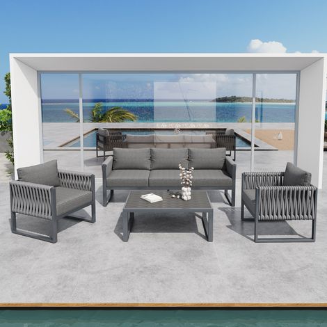 Set di mobili da giardino per 5 persone, composto da divano, poltrone e tavolino, con struttura in metallo antiruggine e piedini regolabili, colore grigio. (1/5)