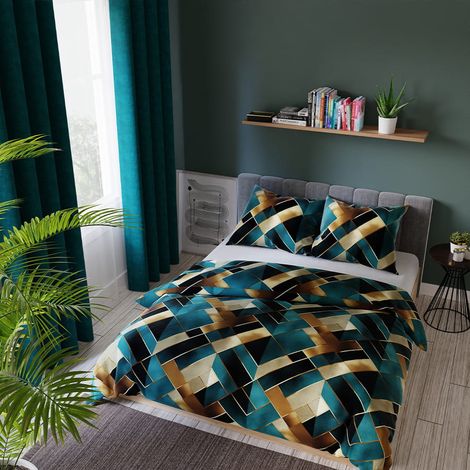 Ropa de cama Rubik Satin - Diseños geométricos lisos en tonos turquesa y dorado - 220x200cm (1/5)