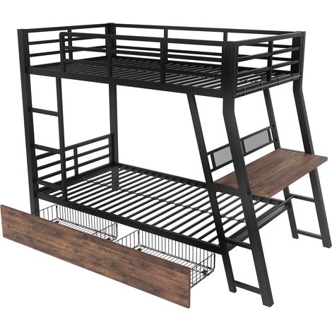 Lit mezzanine 90 x 200 cm, cadre en fer, bande LED, tiroirs, garde-corps, escalier, bureau, sans matelas, noir (1/5)