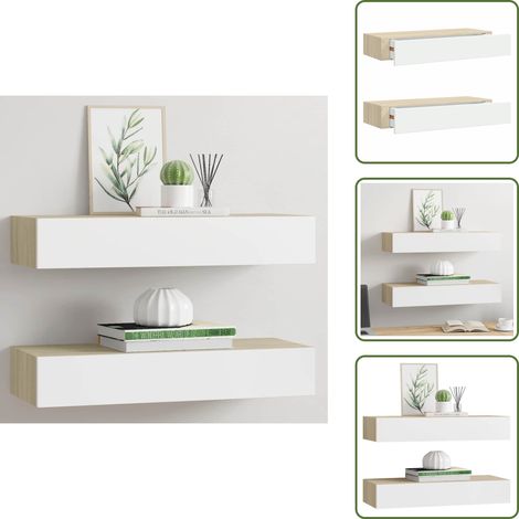 Wandregale mit Schubladen 2 Stk. Eichen-Optik Weiß 60x23,5x10cm - Wand Regal - Regal Mit Schublade - Eichene Optik - Weißes Regal - Wohnzimmer Möbel (1/5)