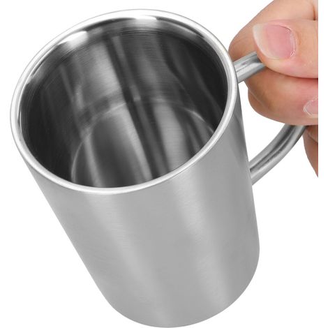 Tasse à bière isotherme 340ml en acier inoxydable 304 avec poignée - Récipient double paroi pour café et boissons - Couleur acier inoxydable
